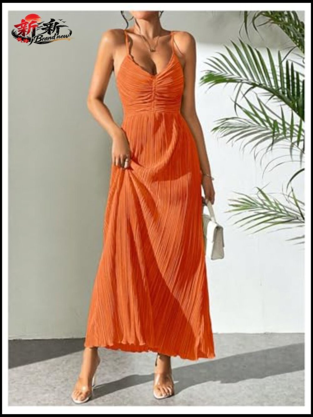 Textured V Neck Sundress Tie Back Spaghetti Strap Pleated A Line Beach Long - Picture 6 of 6